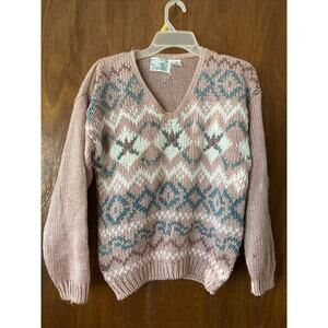 VTG Shenanigans Sweater Floral Embroidered Cottagecore Women M Cable Knit Pink